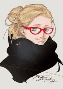 a drawing of a blonde woman wearing red glasses and a black scarf .