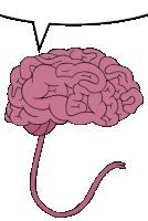 a drawing of a pink brain with a speech bubble above it