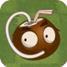 a cartoon coconut with a straw in it 's mouth .