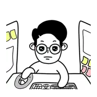 a cartoon of a man sitting at a desk using a computer mouse .