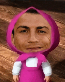 a man with a pink scarf around his head looks like a cartoon character