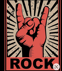 a poster with a hand making a horns sign and the word rock on it