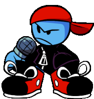 a cartoon character is holding a microphone and wearing a red bandana .