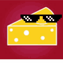 a slice of cheese wearing a pair of sunglasses on a red background