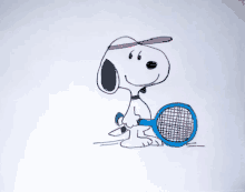 a drawing of snoopy wearing a red hat and holding a tennis racket