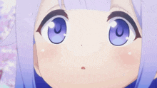 a close up of a purple haired anime girl with blue eyes .