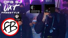 a man holding a microphone in front of a crowd with the words ofb sj dxt freestyle