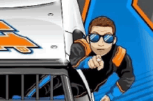 a cartoon man wearing sunglasses is pointing at the camera while standing next to a car .