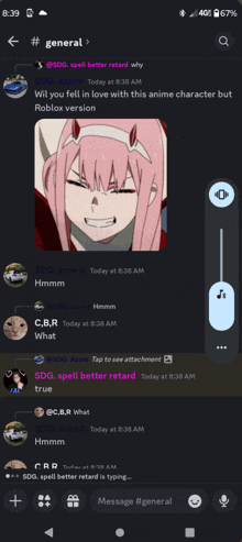 a screenshot of a discord conversation with a picture of zero two on the screen