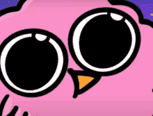 a close up of a pink cartoon character with glasses