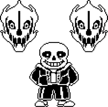 a black and white pixel art drawing of a skeleton standing next to two skulls .