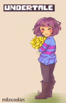 a drawing of frisk from undertale holding a bouquet of yellow flowers .