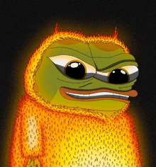 a cartoon of a frog with a fire blanket on