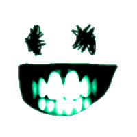 a drawing of a face with green teeth and black eyes