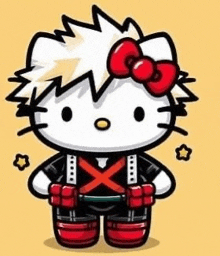 a hello kitty with a red bow on her head is holding a sword .