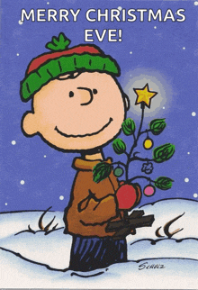 a cartoon of charlie brown holding a christmas tree with the words merry christmas eve below him