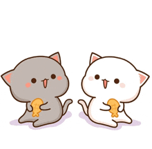 two cartoon cats are sitting next to each other and one is holding a fish