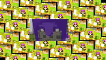 a video game screen with a purple face in the middle