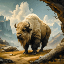 a painting of a bison standing in a field