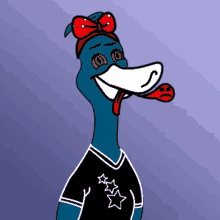 a cartoon duck with a red bow on its head