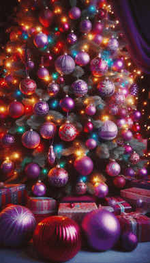 a christmas tree with purple and blue ornaments and gifts underneath it