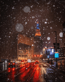 a snowy night in a city with a billboard that says " from the ground "