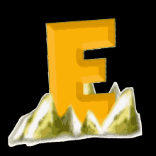 a yellow letter e is surrounded by mountains