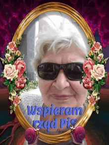 a woman wearing sunglasses is in a picture frame with the words wspieram rzad pis on the bottom