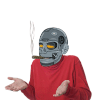 a robot wearing a red shirt smoking a cigar