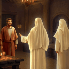 a man in a red robe is talking to two men in white robes