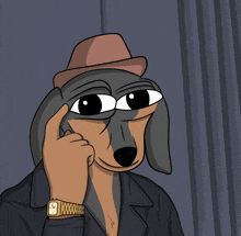 a cartoon dog wearing a hat and a watch