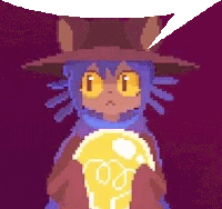 a pixel art of a cat holding a light bulb and talking .