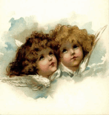 a painting of two cherubs with wings looking up into the sky