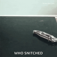 a pair of pliers is laying on a black surface with the words who snitched written on the bottom .