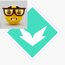 a yellow smiley face with glasses and a green arrow pointing down