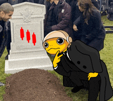 a cartoon of a man in a suit kneeling in front of a grave with a graph on it