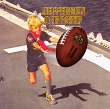 a young boy throws a football in the air with the words jefferson carrship written above him