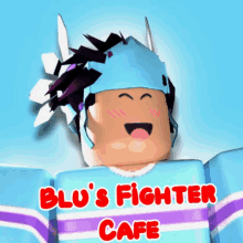 blu 's fighter cafe has a blue and purple striped shirt on