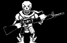 papyrus from undertale is holding a gun in a black and white drawing .