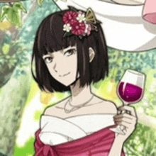 a cartoon girl is holding a glass of wine .