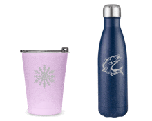 a pink tumbler and a blue water bottle with a fish on it