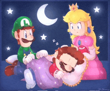 a cartoon of mario and luigi sleeping with princess peach