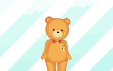 a teddy bear with a name tag that says ' a ' on it is standing in front of a striped background