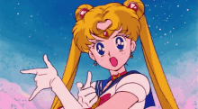 a cartoon girl with a heart on her head is pointing at something