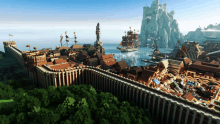 a computer generated image of a city with a castle and ships