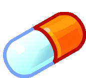 a blue and orange capsule with a red border