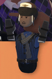 a cartoon character wearing a blue striped vest and black gloves is standing on a table