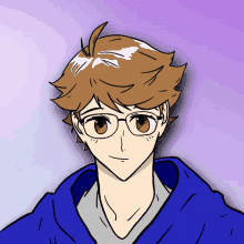 a drawing of a man wearing glasses and a blue jacket