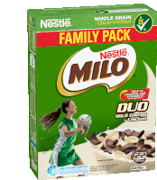 a box of nestle milo cereal has a woman holding a rugby ball on the front