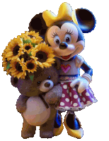 minnie mouse is holding a teddy bear and wearing a wreath of sunflowers